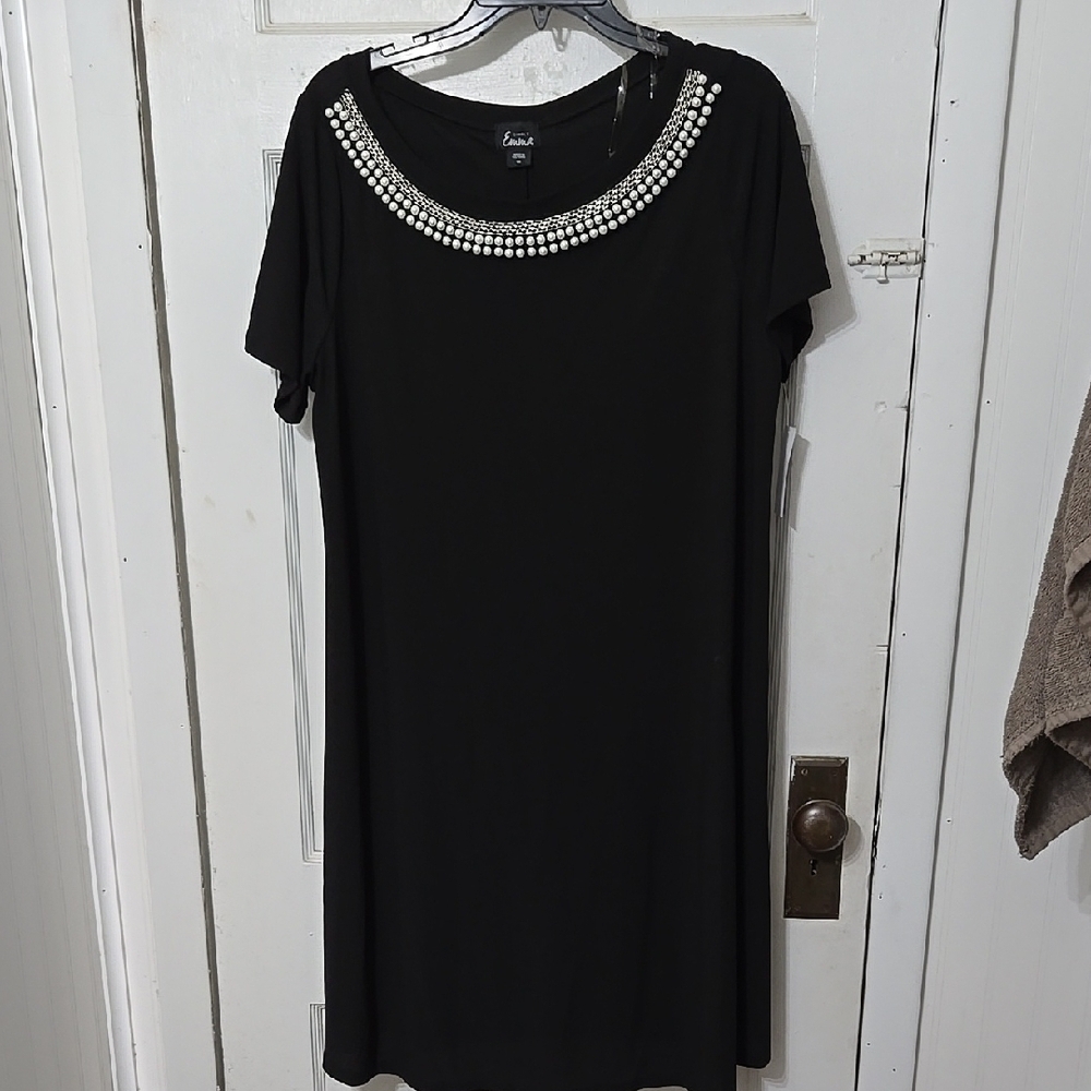 Simply Emma Elegant Black Dress with Silver Chain Pearl  Embellished Neckline 1X